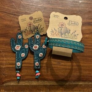 Justin Leather Cactus Earrings and Bracelet Set